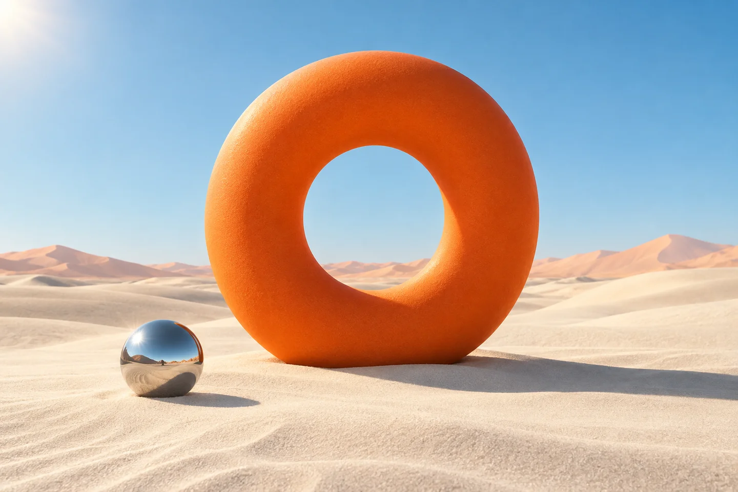 An orange ring sculpture and a chrome sphere in sunlit sand dunes beneath a blue sky