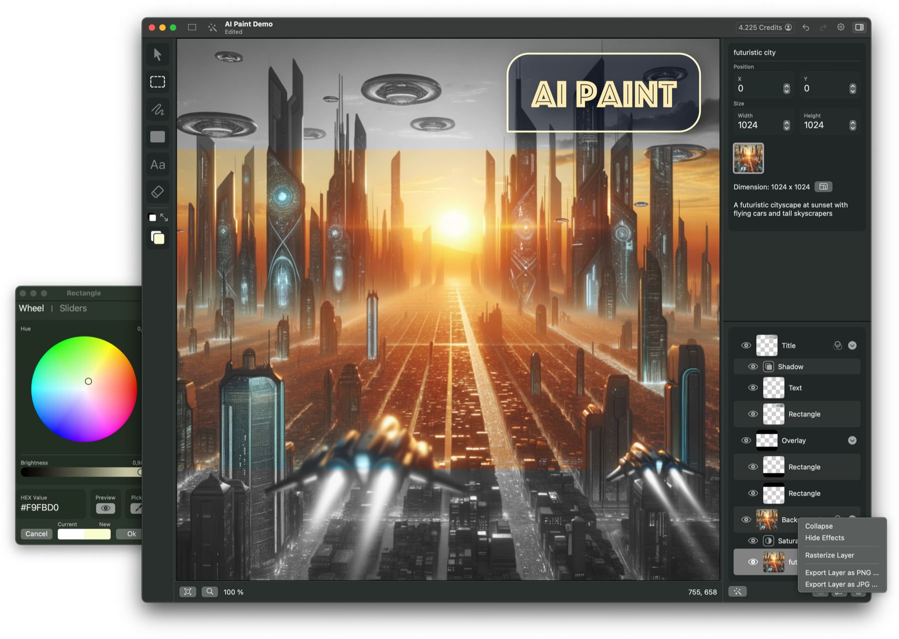 The AI Paint Mac app showing a futuristic city composition, drawing toolbar, colour wheel and layers panel